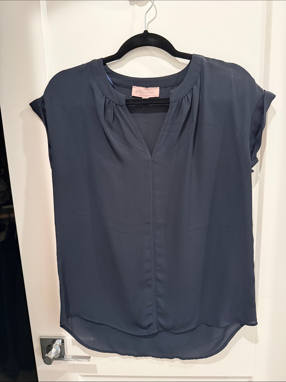 Philosophy Navy Cap Sleeve Split V-Neck Blouse
